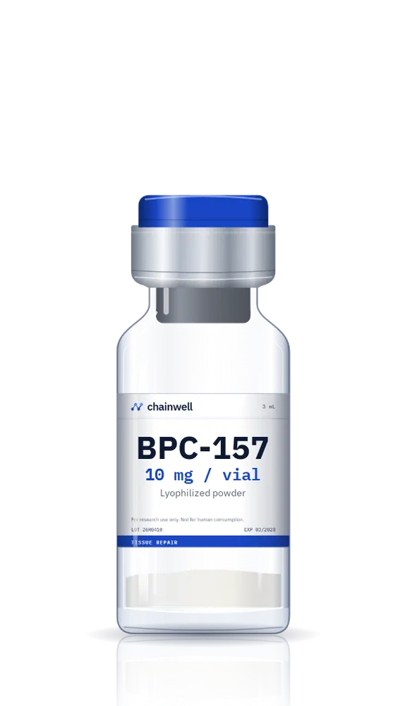 BPC-157 10 mg lyophilized peptide vial with blue flip-off cap and white Chainwell Peptide label