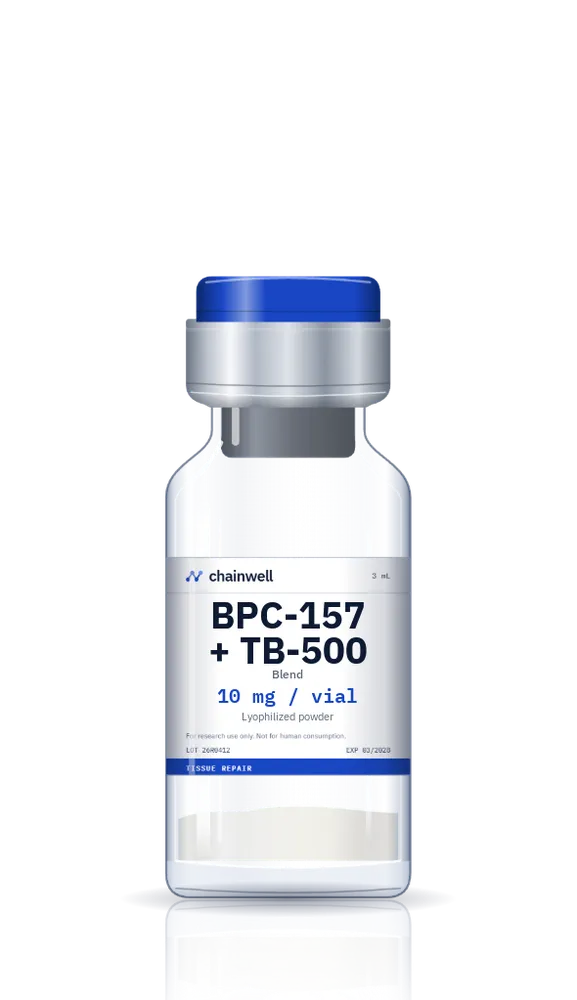 BPC-157 and TB-500 blend 10 mg lyophilized peptide vial with blue flip-off cap and white Chainwell Peptide label