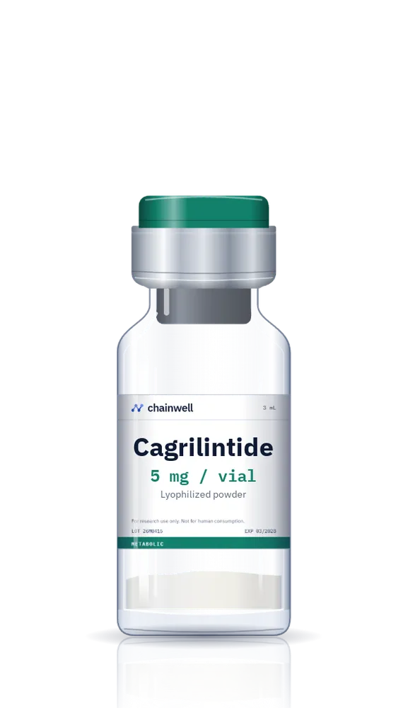 Cagrilintide 5 mg lyophilized peptide vial with green flip-off cap and white Chainwell Peptide label