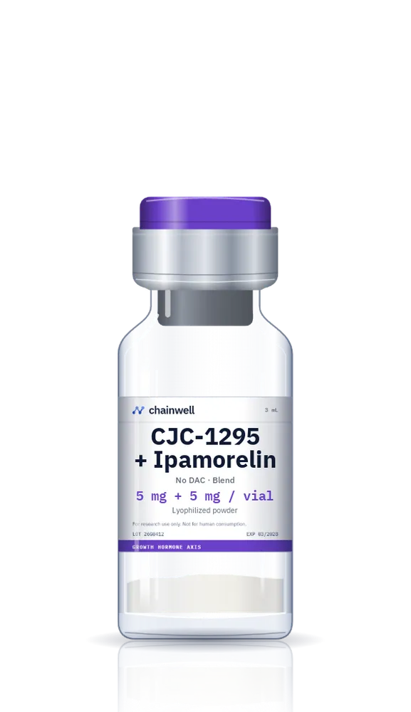 CJC-1295 and ipamorelin blend 10 mg lyophilized peptide vial with purple flip-off cap and white Chainwell Peptide label