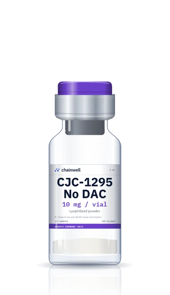 CJC-1295 No DAC 10 mg lyophilized peptide vial with purple flip-off cap and white Chainwell Peptide label