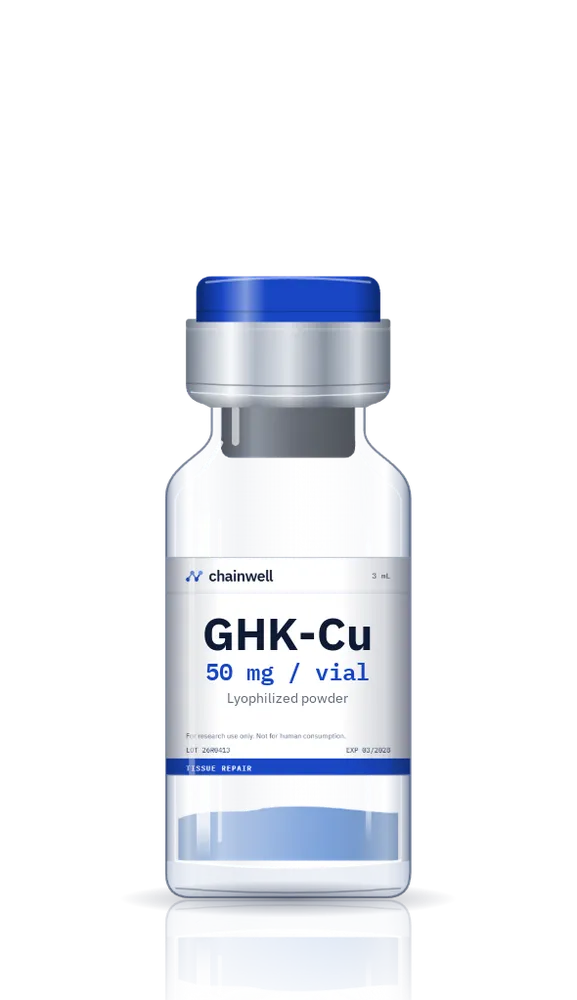 GHK-Cu 50 mg vial of blue lyophilized copper peptide powder with blue flip-off cap and white Chainwell Peptide label