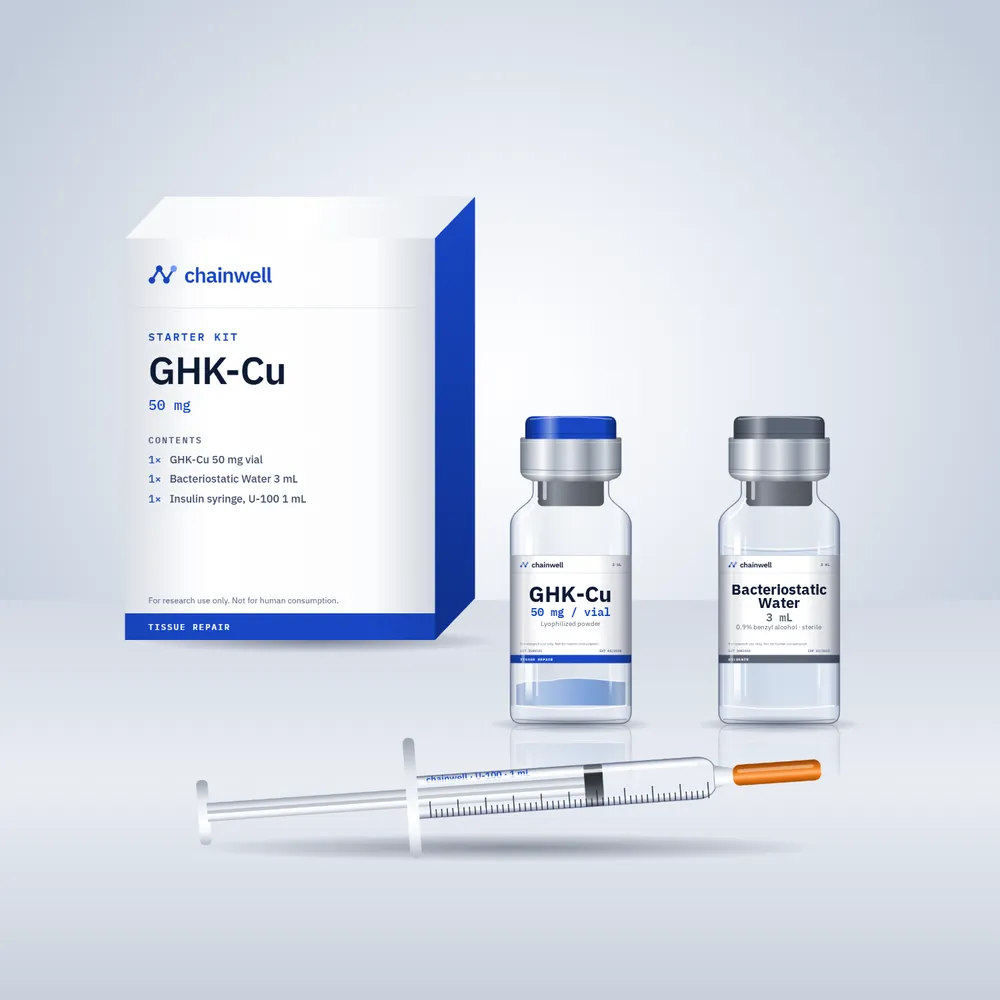GHK-Cu starter kit carton with a blue-powder GHK-Cu vial, a bacteriostatic water vial and an insulin syringe