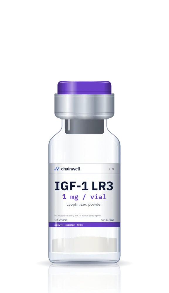 IGF-1 LR3 1 mg lyophilized peptide vial with purple flip-off cap and white Chainwell Peptide label