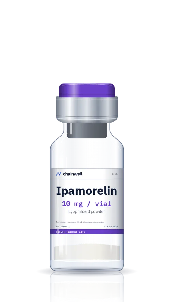 Ipamorelin 10 mg lyophilized peptide vial with purple flip-off cap and white Chainwell Peptide label