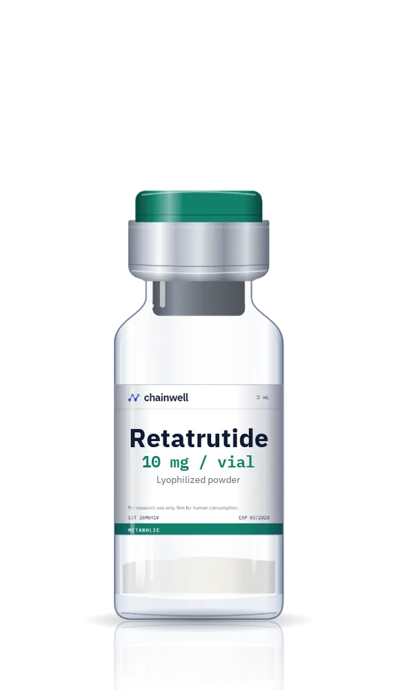 Retatrutide 10 mg lyophilized peptide vial with green flip-off cap and white Chainwell Peptide label