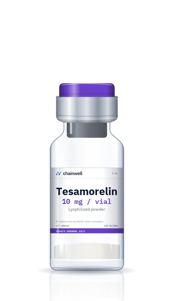 Tesamorelin 10 mg lyophilized peptide vial with purple flip-off cap and white Chainwell Peptide label