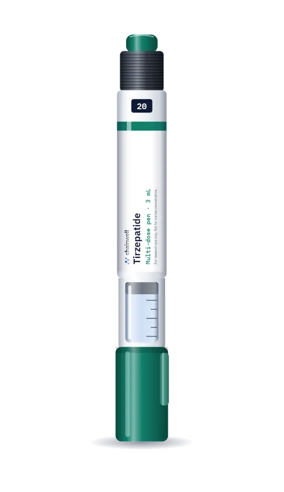 Tirzepatide multi-dose pen, 3 mL, with green cap, dial showing 20 and white Chainwell Peptide label